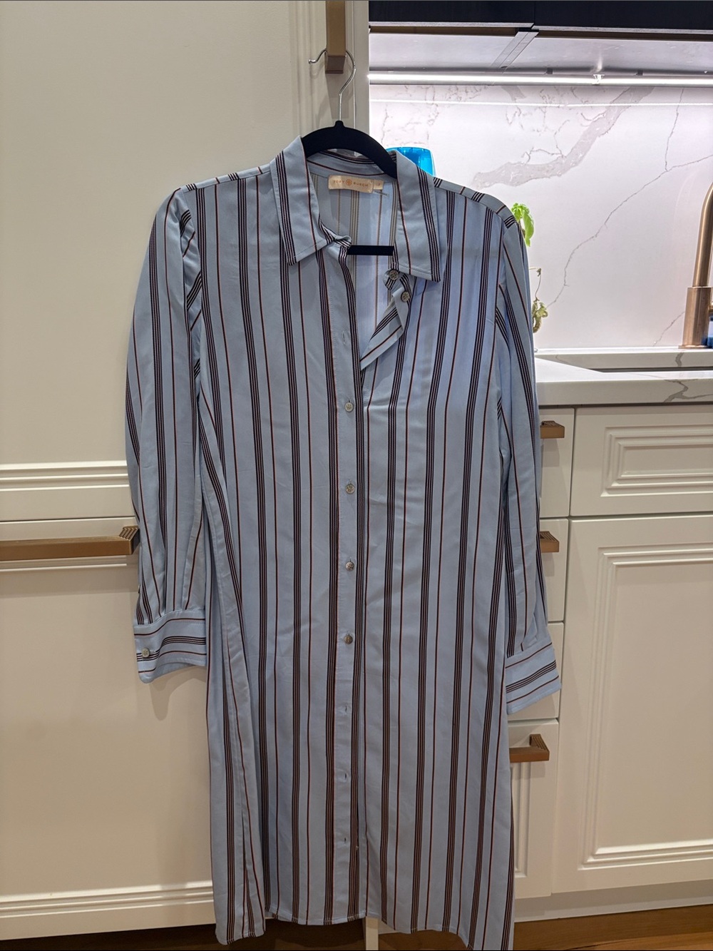 Tory Burch Light Blue and Brown Striped Long Sleeve Dress